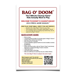 Instructions for the game Bag O' Doom, including quick-start guide, rules, and safety tips.