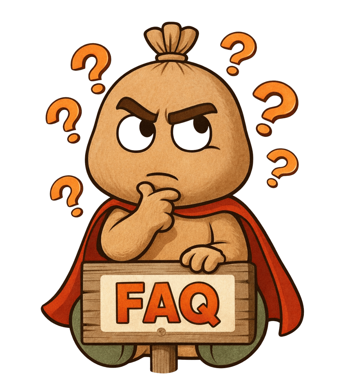 A cartoon character resembling a baby with an angry expression, thinking with a hand on its chin, surrounded by question marks, holding a wooden sign reading 'FAQ' and wearing a red cape.