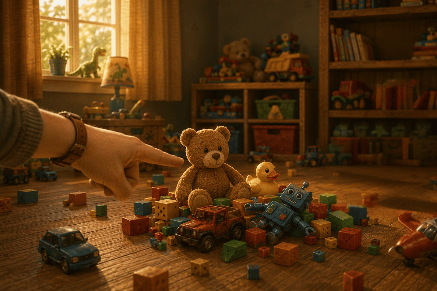 Toy stuffed animals, including teddy bear, duck, robot, and cars, are scattered on a wooden floor in a cozy, well-lit playroom with shelves filled with toys and books in the background.
