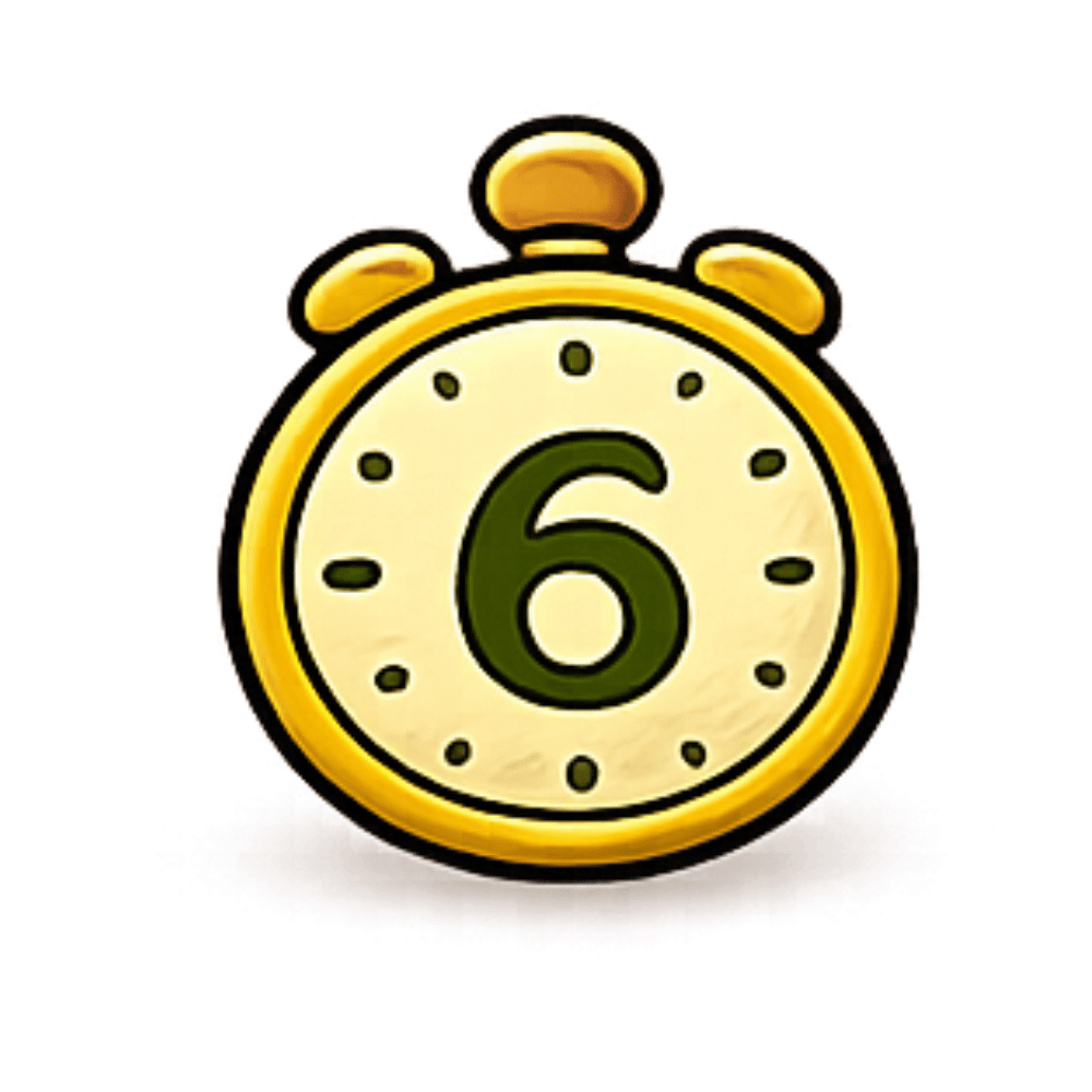 A cartoon-style stopwatch with a large green number 6 on its face, gold body, and small black dots marking the minutes.