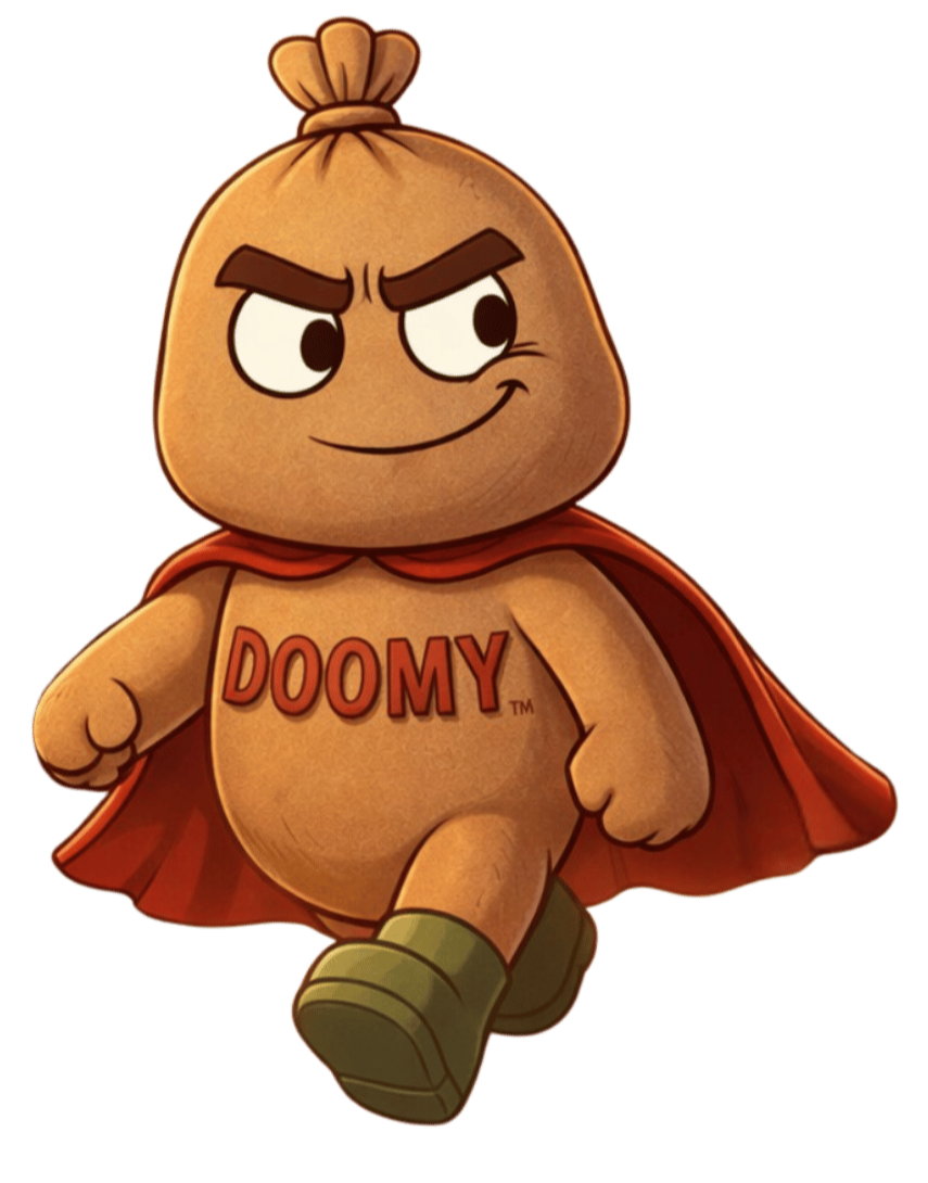 Cartoon character resembling a brown bag with the word 'DOOMY' on its chest, wearing a red cape and green boots, with an expression of confidence and determination.
