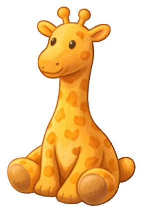 A cute, cartoon-style plush giraffe with orange spots sitting on the floor.