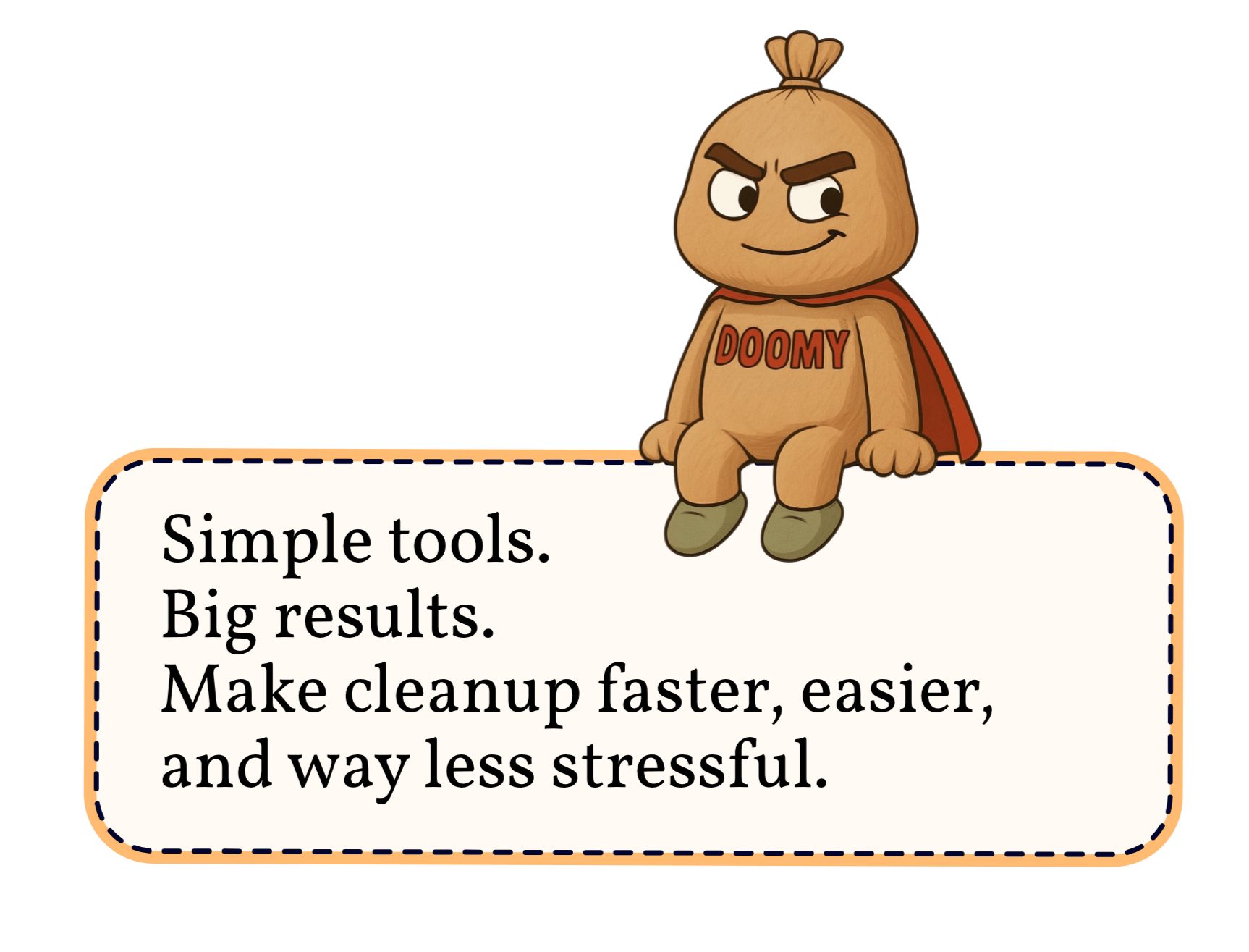 A cartoon character with a bun hairstyle, wearing a cape and a shirt with the word 'DOOMY' sitting on a presentation slide with text that reads, 'Simple tools. Big results. Make cleanup faster, easier, and way less stressful.'