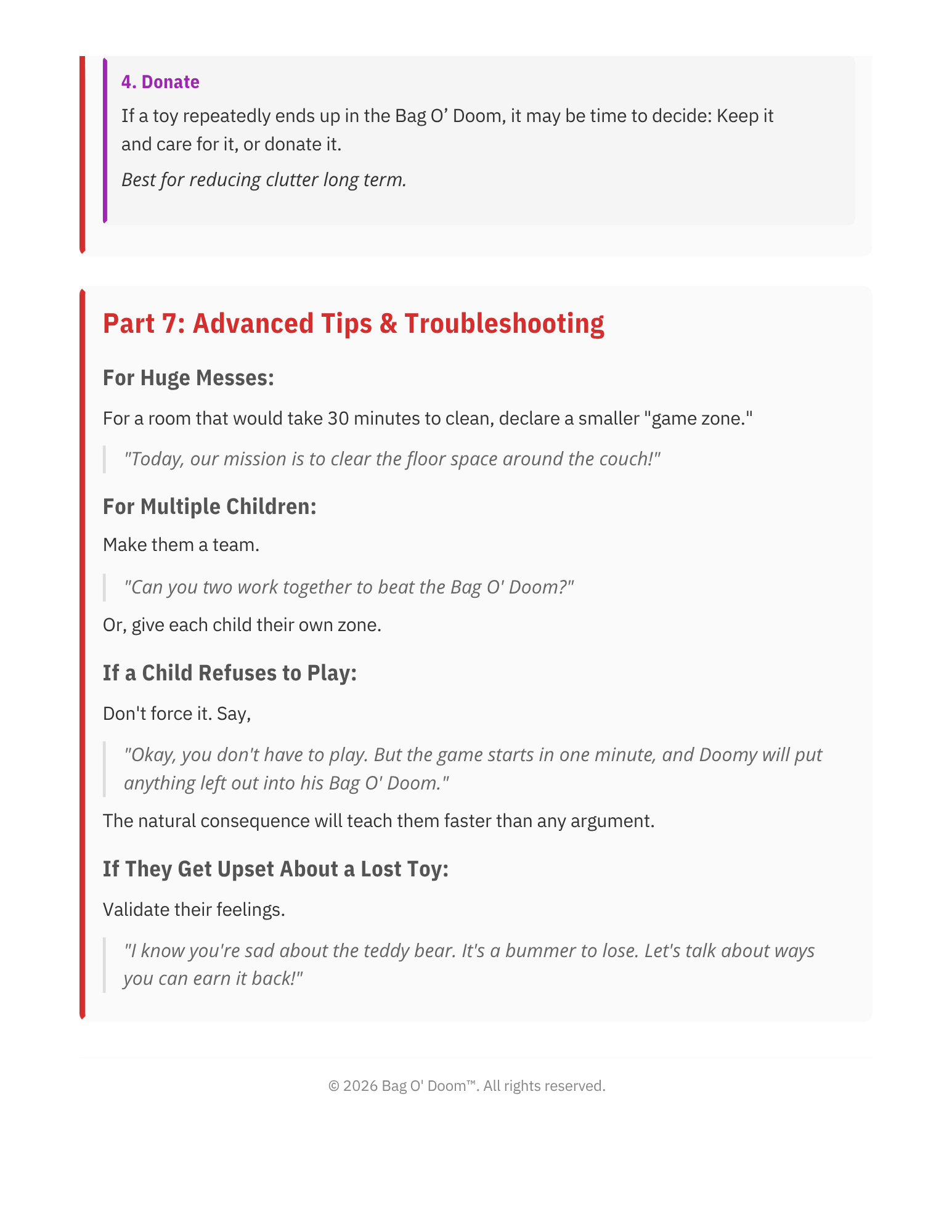 Screenshot of a page from Bag O' Doom guide discussing tips on managing children and toys, with section headers in bold and purple, and text in black and gray on a white background.
