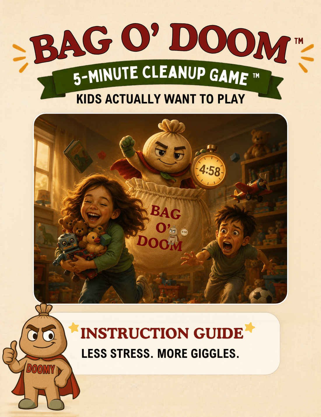 The image features a game called "Bag O' Doom" with a playful design. The background shows a scene with two kids, a girl holding toys and a boy looking scared, running inside a room filled with toys, with a villainous plush bag with a clock displaying 4:58 in the center. There is a cartoon character with a bag, dressed as a superhero, giving a thumbs-up at the bottom with the text "Instruction Guide," promoting less stress and more giggles.