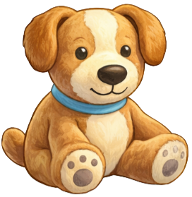 Cute plush toy dog sitting with floppy ears, brown fur, a white face, and a blue collar.