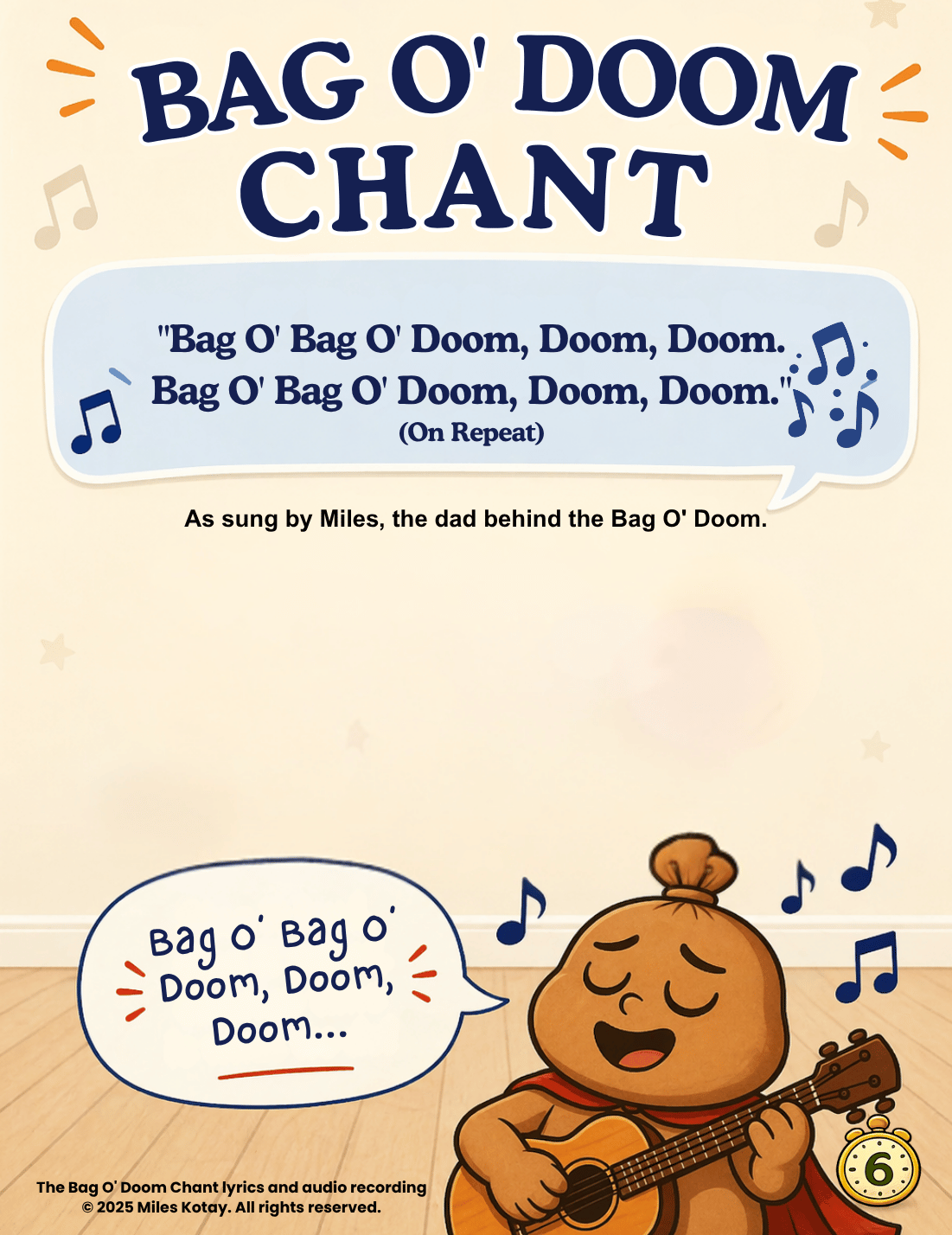 Illustration of the Bag O' Doom chant lyrics with Miles singing and playing guitar, surrounded by musical notes and playful design elements.