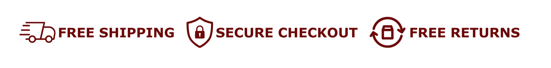 Icons and text promoting free shopping, secure checkout, and free returns