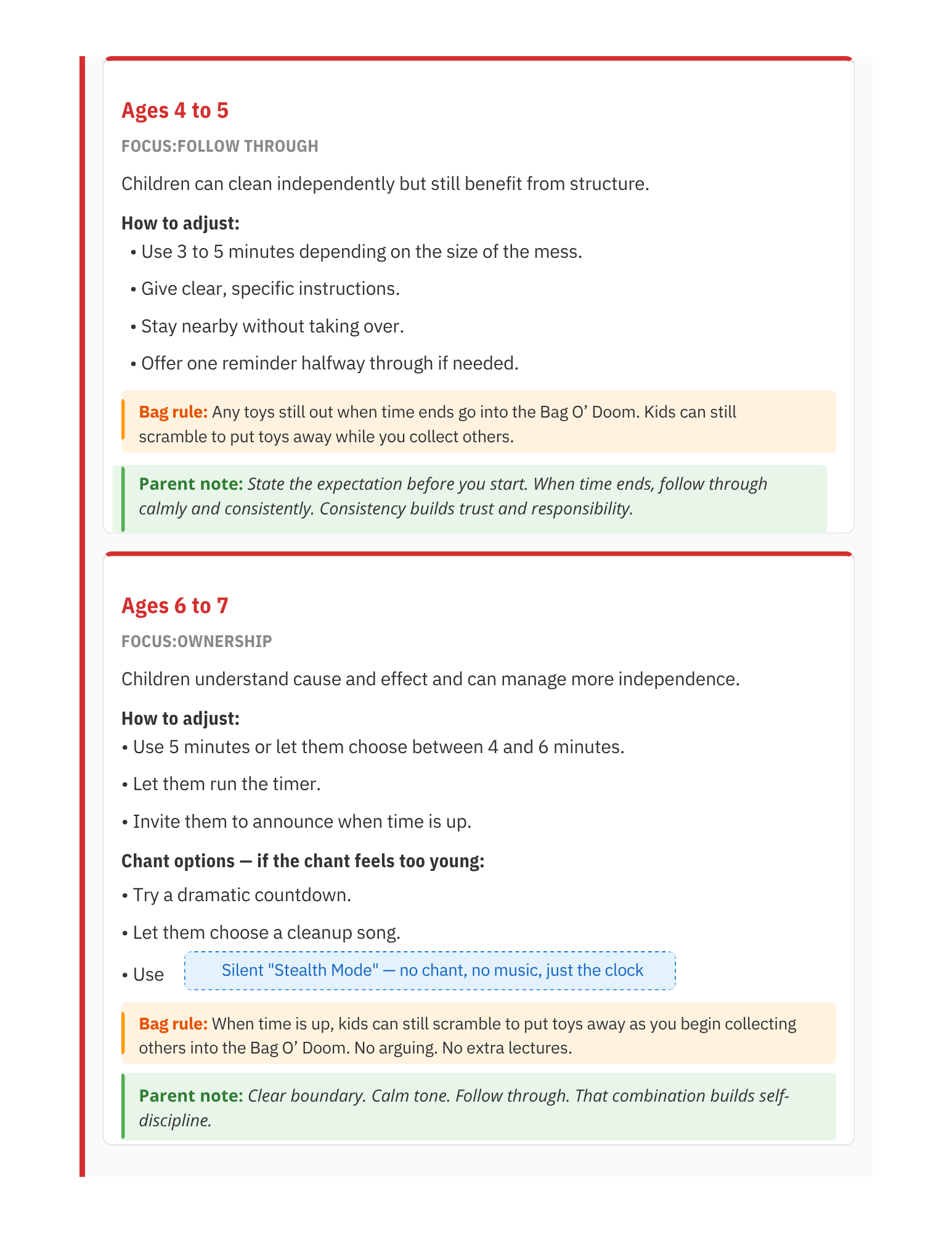 Screenshot of a guide for child discipline for children ages 4 to 5 and 6 to 7, with sections on focus, instructions, rules, and parenting notes.