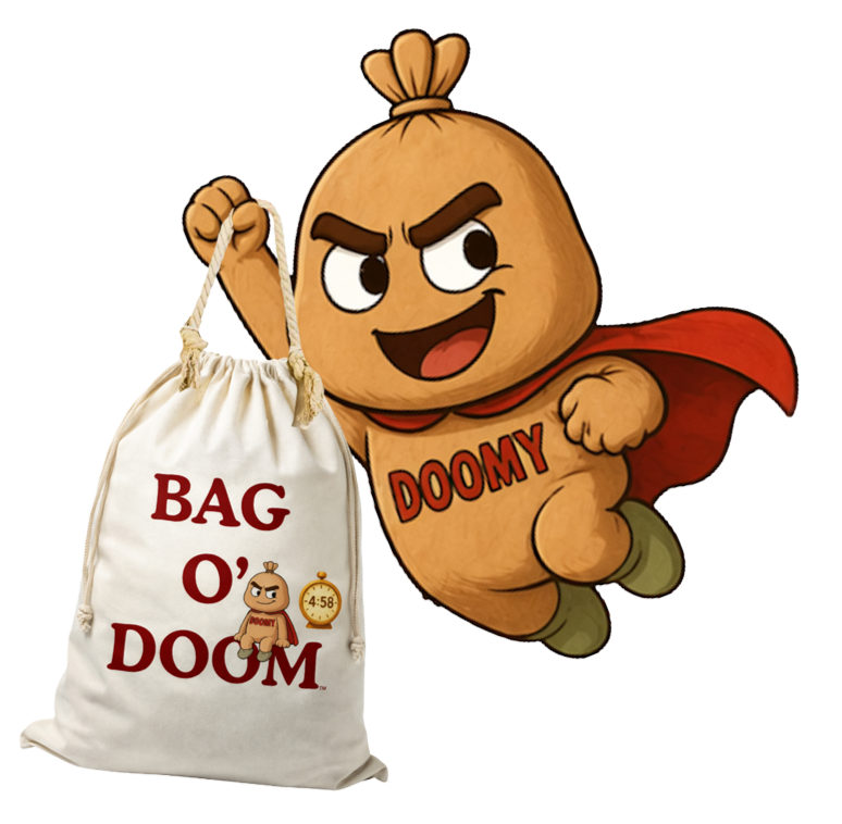 Cartoon character with a big head and small body, dressed as a superhero with a red cape, holding a white bag that says 'BAG O' DOOM' with a small image of itself and a timer showing 4:58.