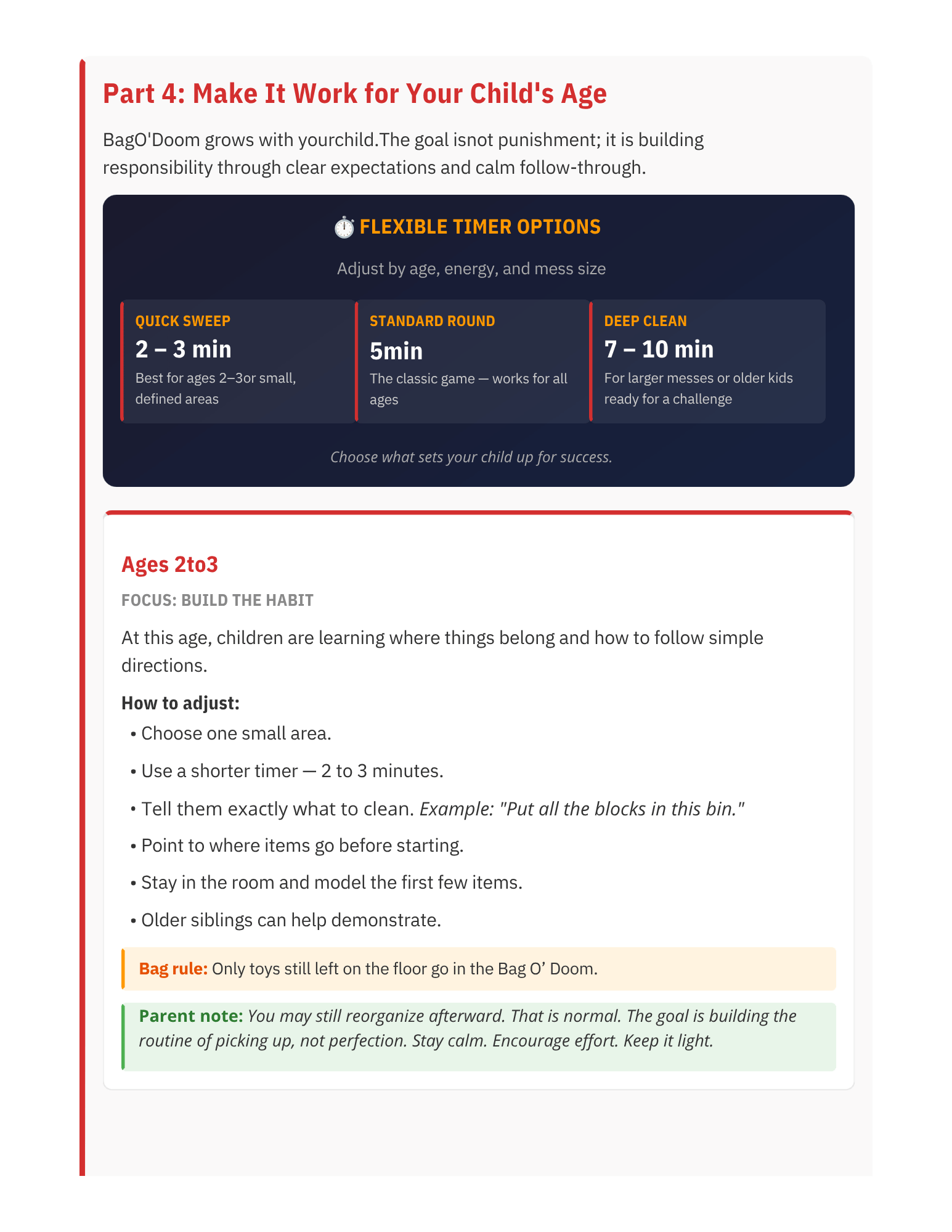 A section of a guide about making it work for your child's age in child discipline. It discusses timers, with options for quick sweep, standard round, and deep clean, and includes specific instructions for ages 2 to 3. There are also rules and notes about toys and the process of reorganizing.