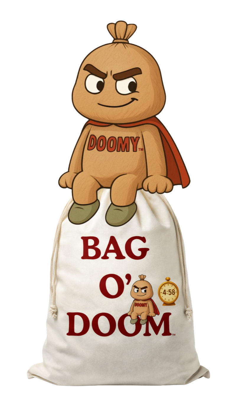 Bag O' Doom cartoon mascot DOOMY, smirking and mischievously glancing left wearing a red cape and green shoes, sitting on a white bag with burgundy text that reads 'BAG O' DOOM' and an image of DOOMY and a clock showing 4:58.