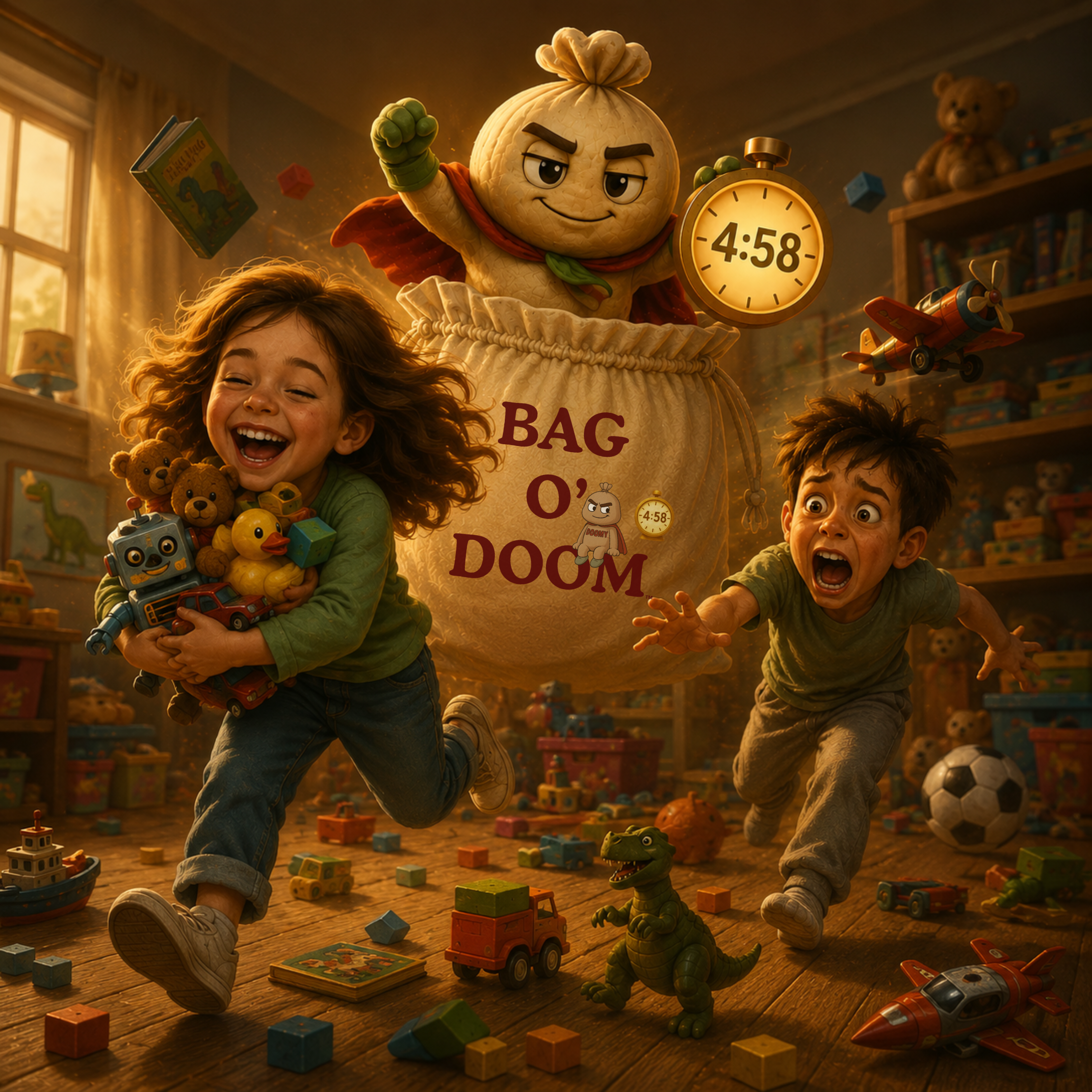 Two children scramble to save their toys as mischievously smiling Doomy with cape emerges from the Bag O Doom bag in a messy playroom with a 4 minutes 58 seconds countdown timer