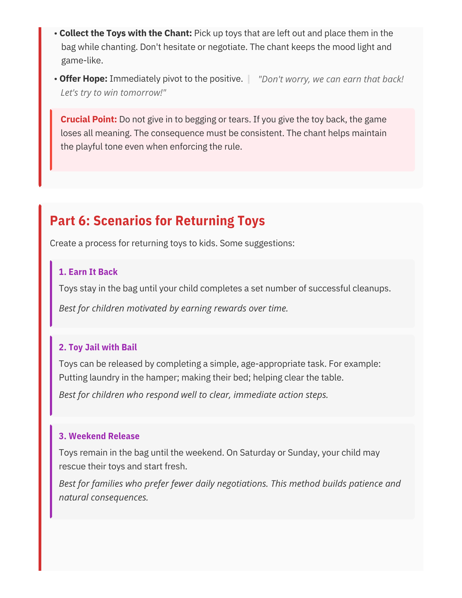 Screenshot of a guide with numbered steps on how to handle children returning toys, with sections on collecting toys, offering hope, and scenarios like earning toys back, toy jail, and weekend release.