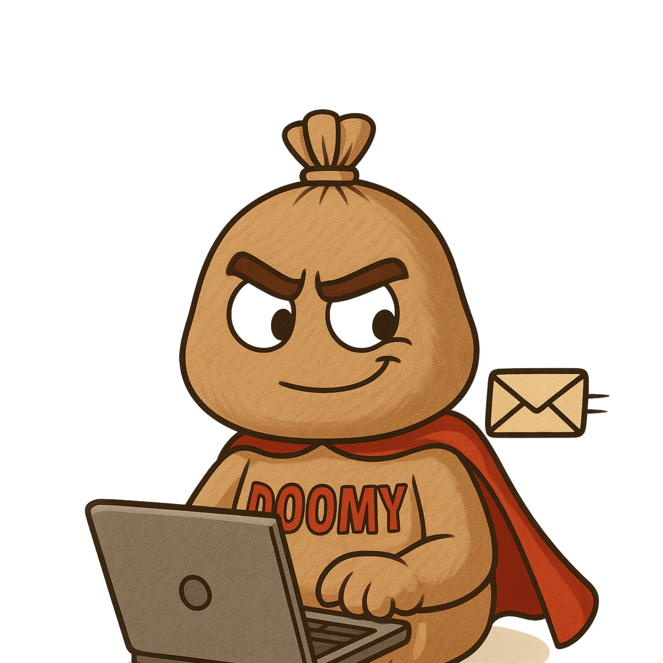 Illustration of a cartoon character with a round head and mischeivous facial features, the word 'DOOMY' on his chest, holding a laptop and sending a letter, wearing a red cape.