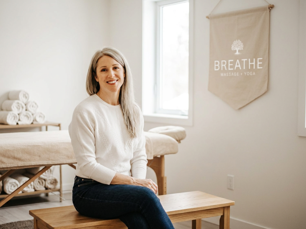 Corporate massage provider Jennifer Santino in the Breathe Massage + Yoga treatment room in Lacey, WA