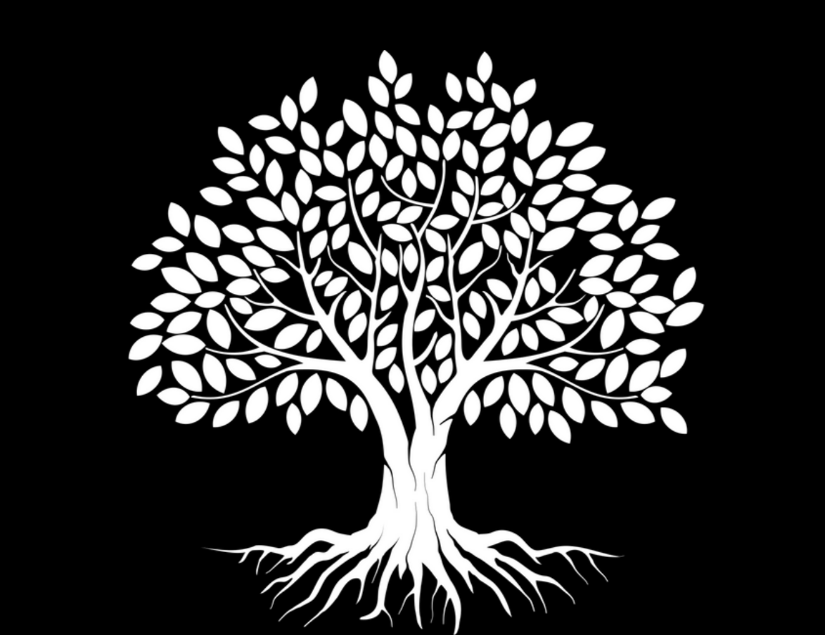 white silhouette of a tree with leaves and roots