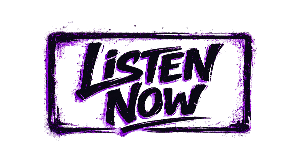 Neon sign with purple text on black background that says "Listen Now."