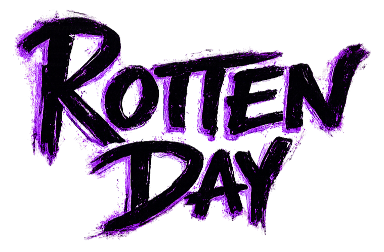 Text reading 'Rotten Day' written in purple with a rough, painted style on a black background.