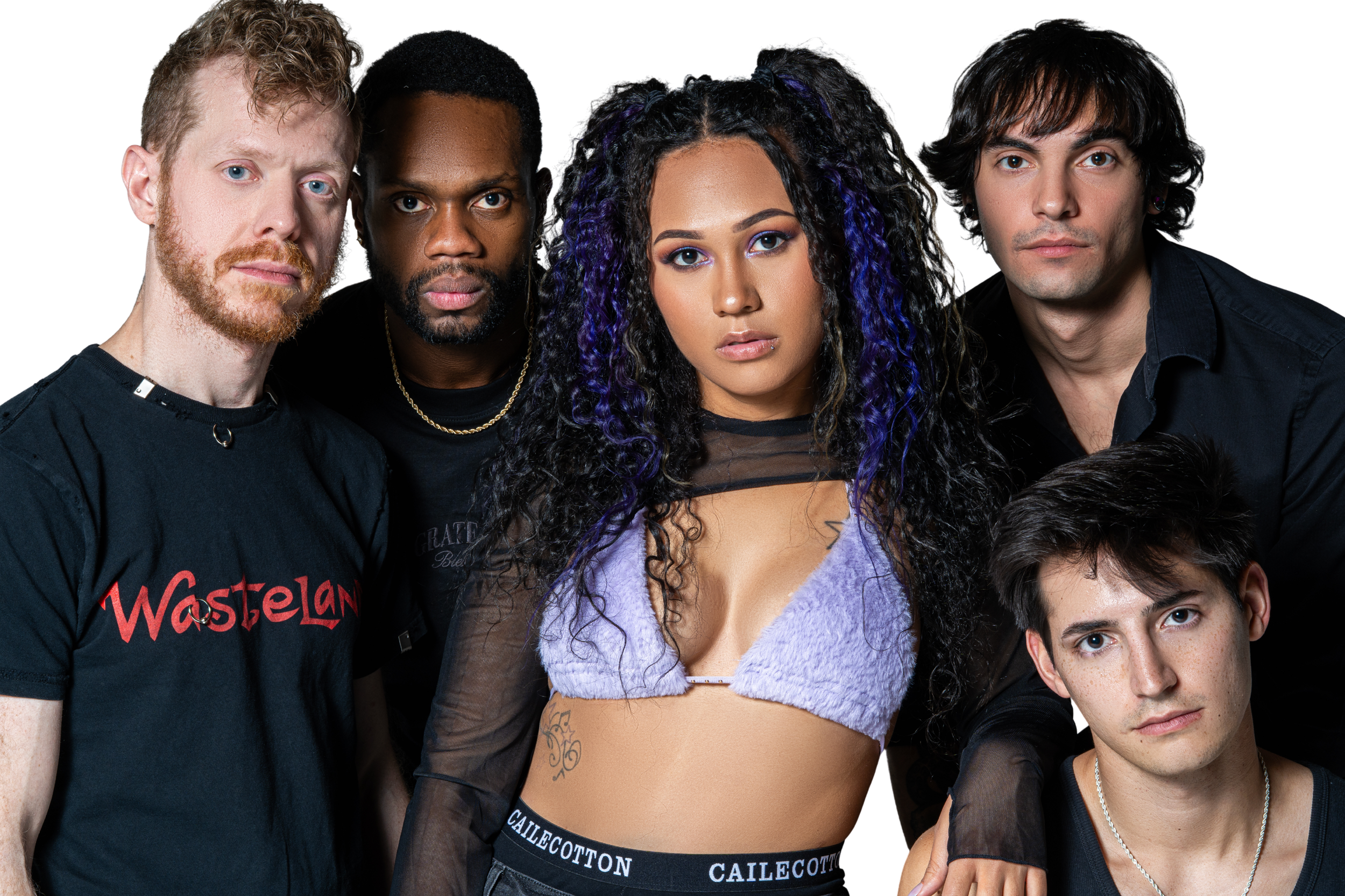 Group of six young adults posing together against a black background, with diverse appearances and clothing styles.