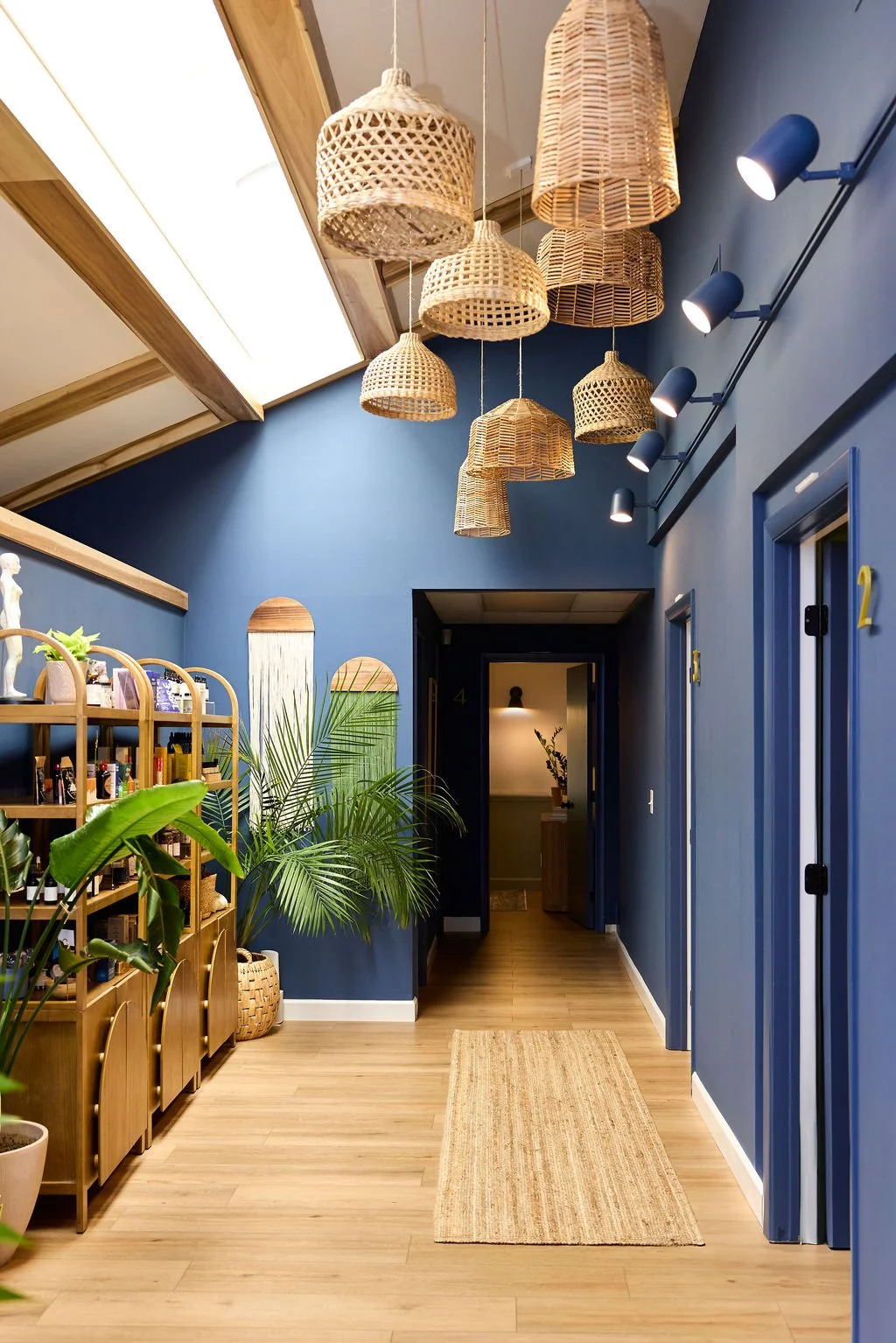 Hallway with blue walls, wooden flooring, hanging wicker lamps, a wooden bookshelf with plants and decorations, and doors numbered 2, 3, and 4.