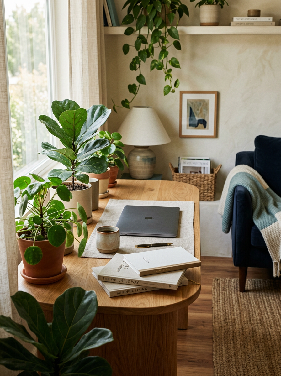 A cozy home office or living space with a wooden table decorated with potted plants, a laptop, a cup, and notebooks. There is a lamp, framed artwork, and shelves with books and a basket in the background. A navy armchair with a blanket is placed nearby, and a window letting in natural light.