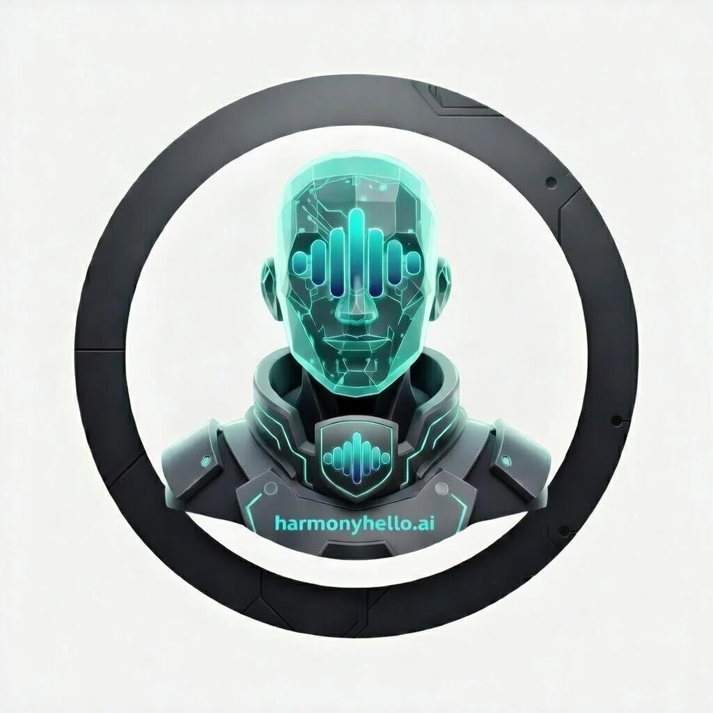 Futuristic digital robot with glowing blue face and data interface, seen through a circular frame with the text 'harmonyhello.ai' on chest.