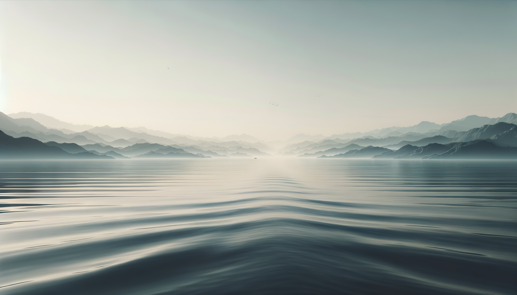 Serene landscape of a large body of water with gentle ripples, surrounded by mist-covered mountains in the background, under a clear sky.