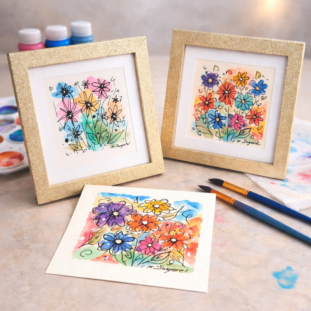 A person painting a colorful floral arrangement on a canvas at a painting class, with other participants and their artwork in the background.