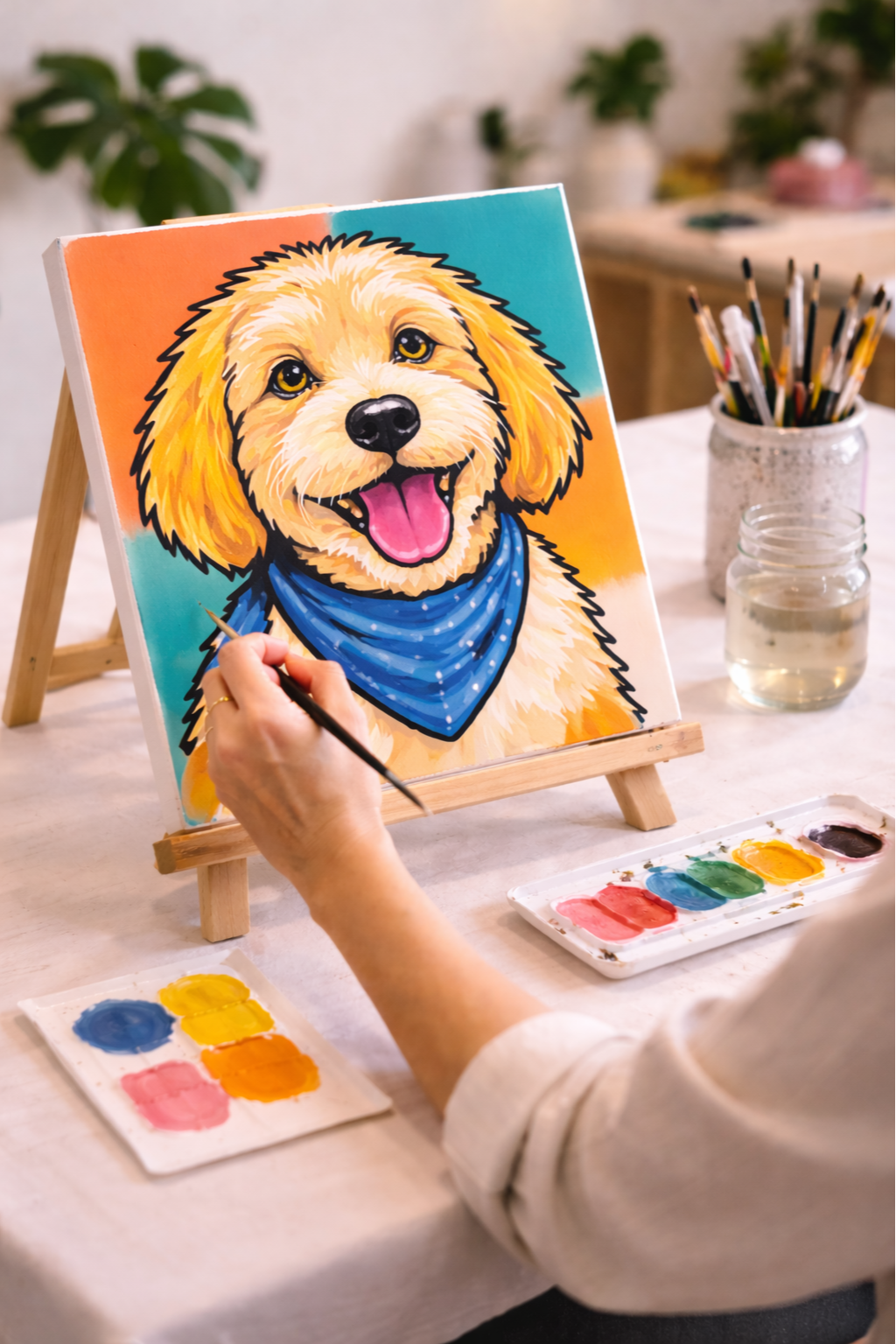 Person painting a colorful portrait of a happy dog with a blue bandana on a small canvas.