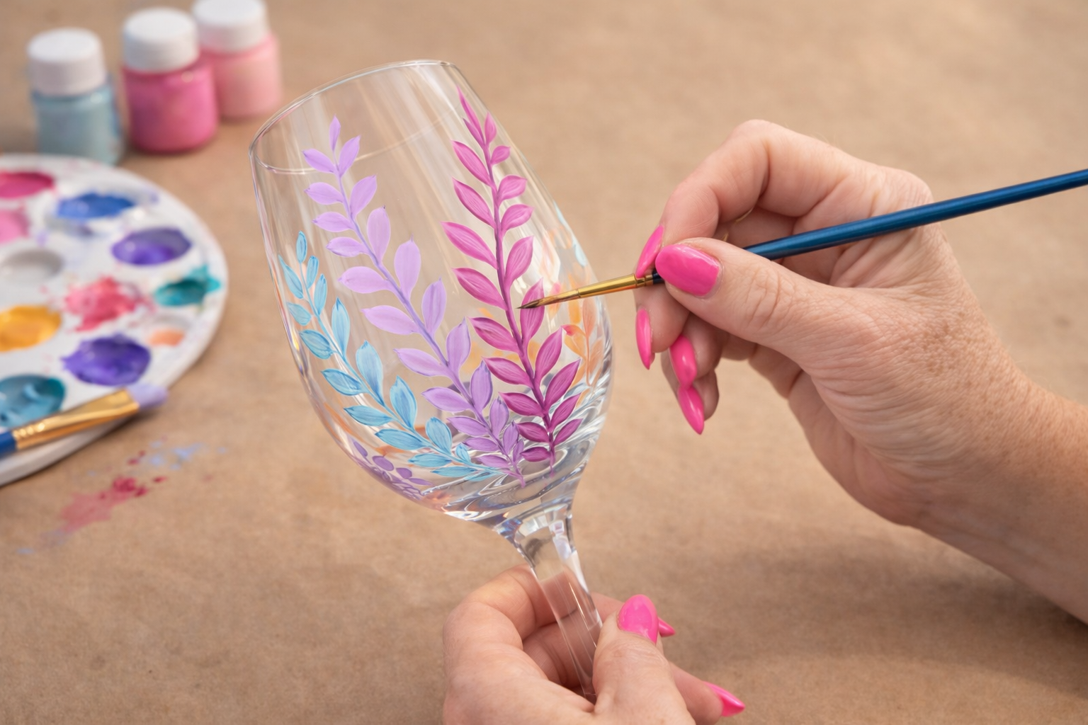 Person decorating a wine glass with colorful peacock feather design using a paintbrush, other decorated glasses and painting supplies on table.