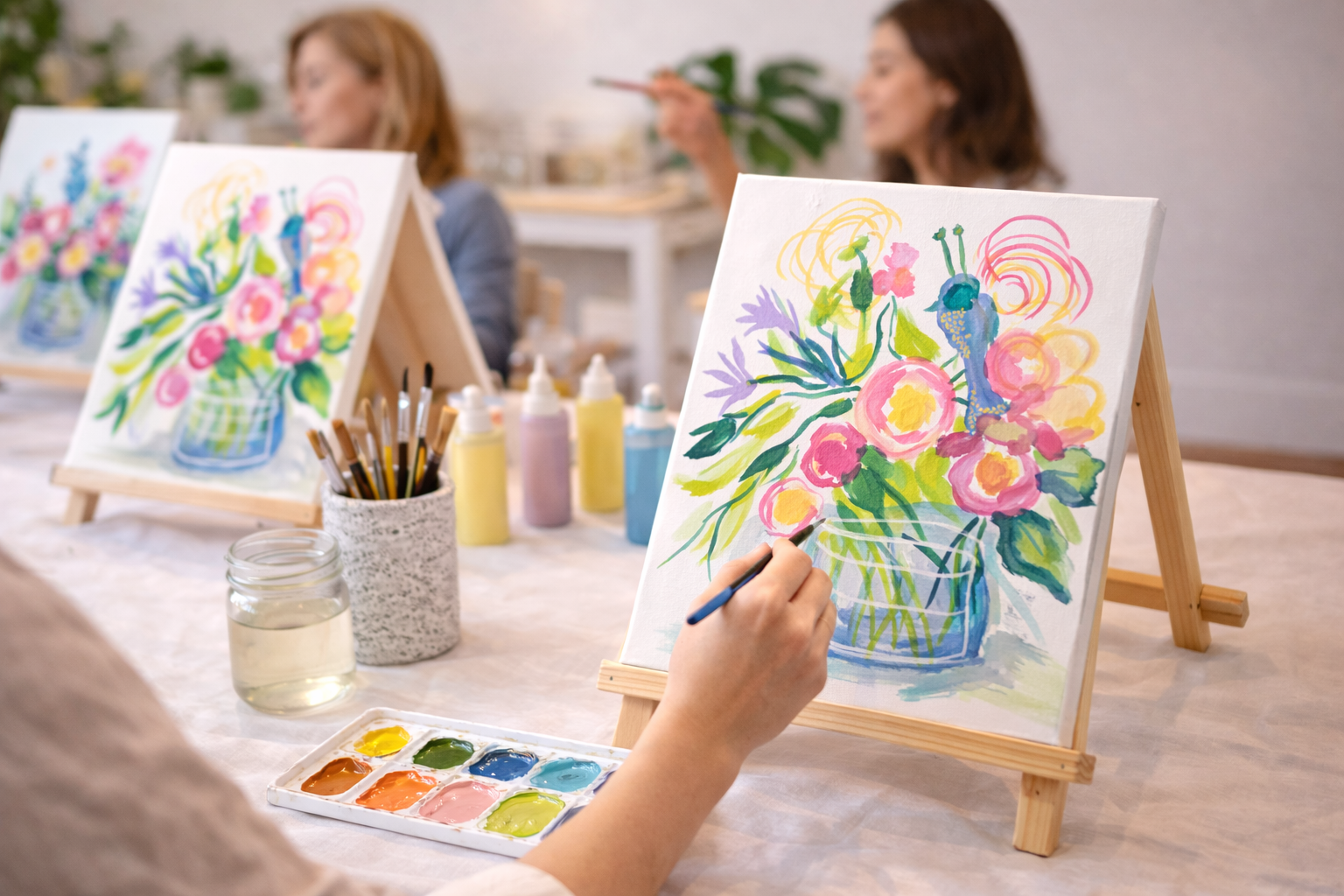 A person painting a colorful floral arrangement on a canvas at a painting class, with other participants and their artwork in the background.