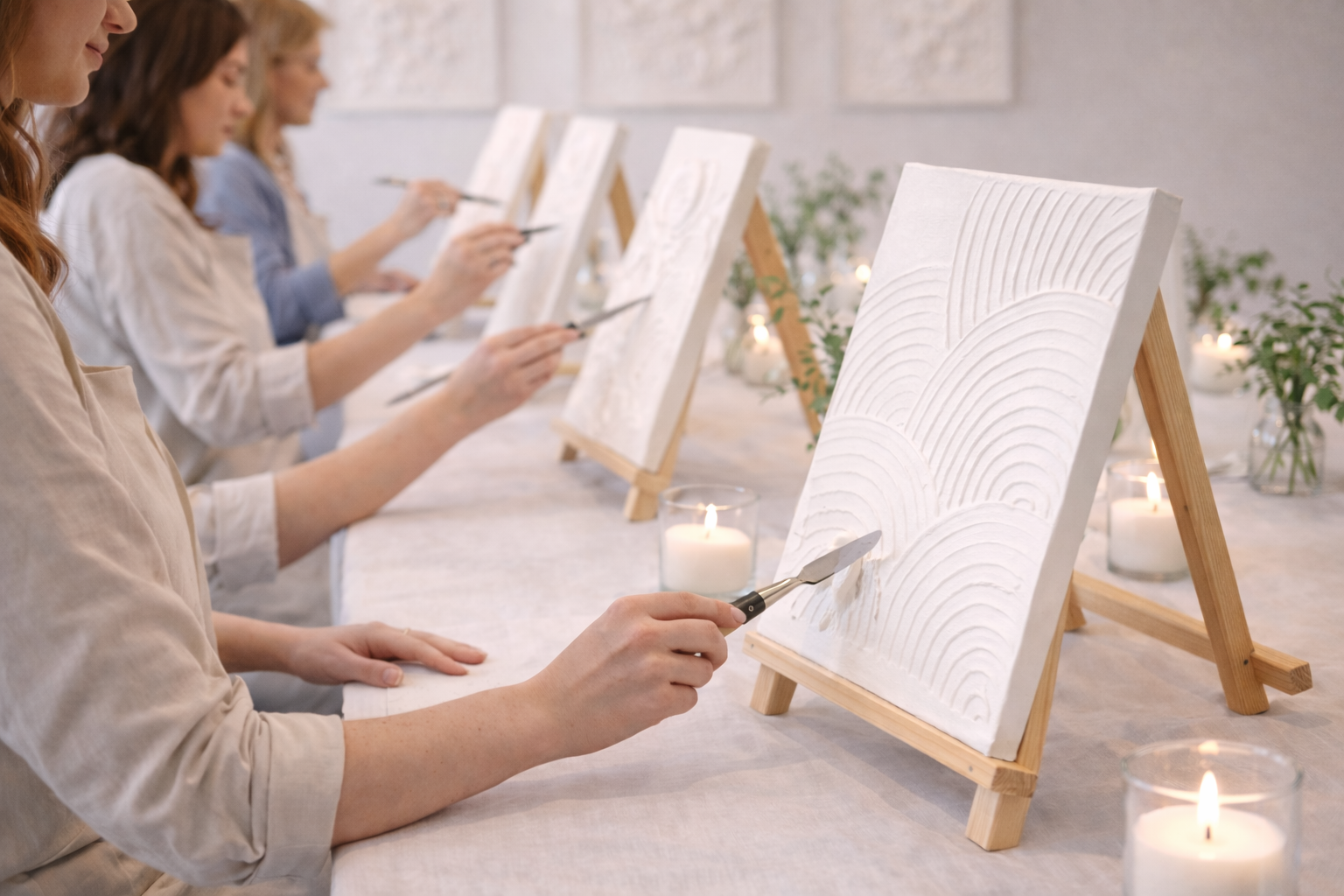 People painting textured abstract designs on canvases set on wooden easels, with candles and potted plants on the table.