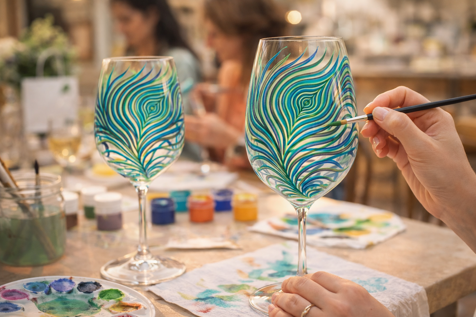Person decorating a wine glass with colorful peacock feather design using a paintbrush, other decorated glasses and painting supplies on table.