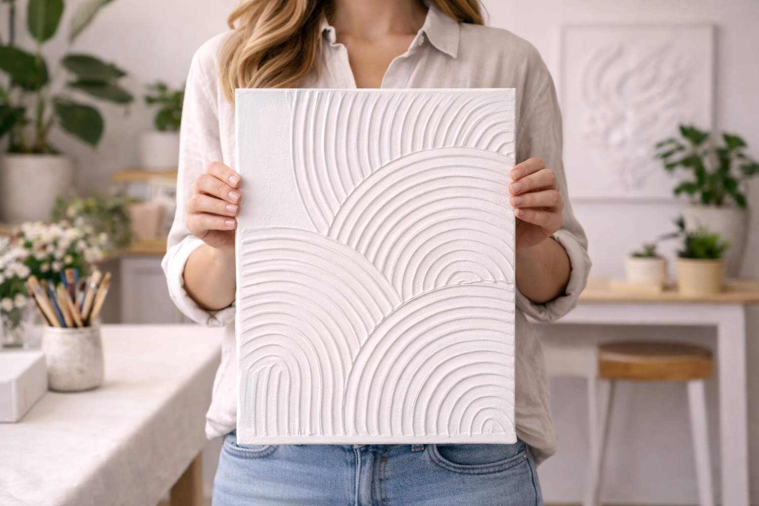 Person holding a white textured art piece with geometric patterns in a cozy room with plants and art supplies.