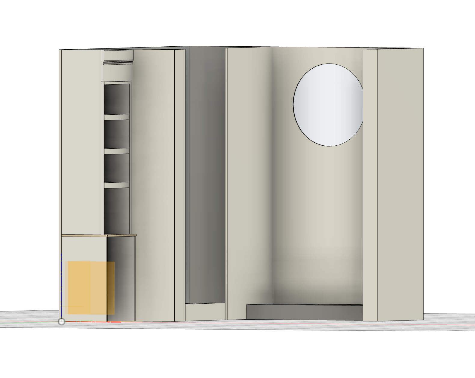 Digital rendering of a modern bathroom with a circular mirror, a recessed shelf, and a walk-in shower.