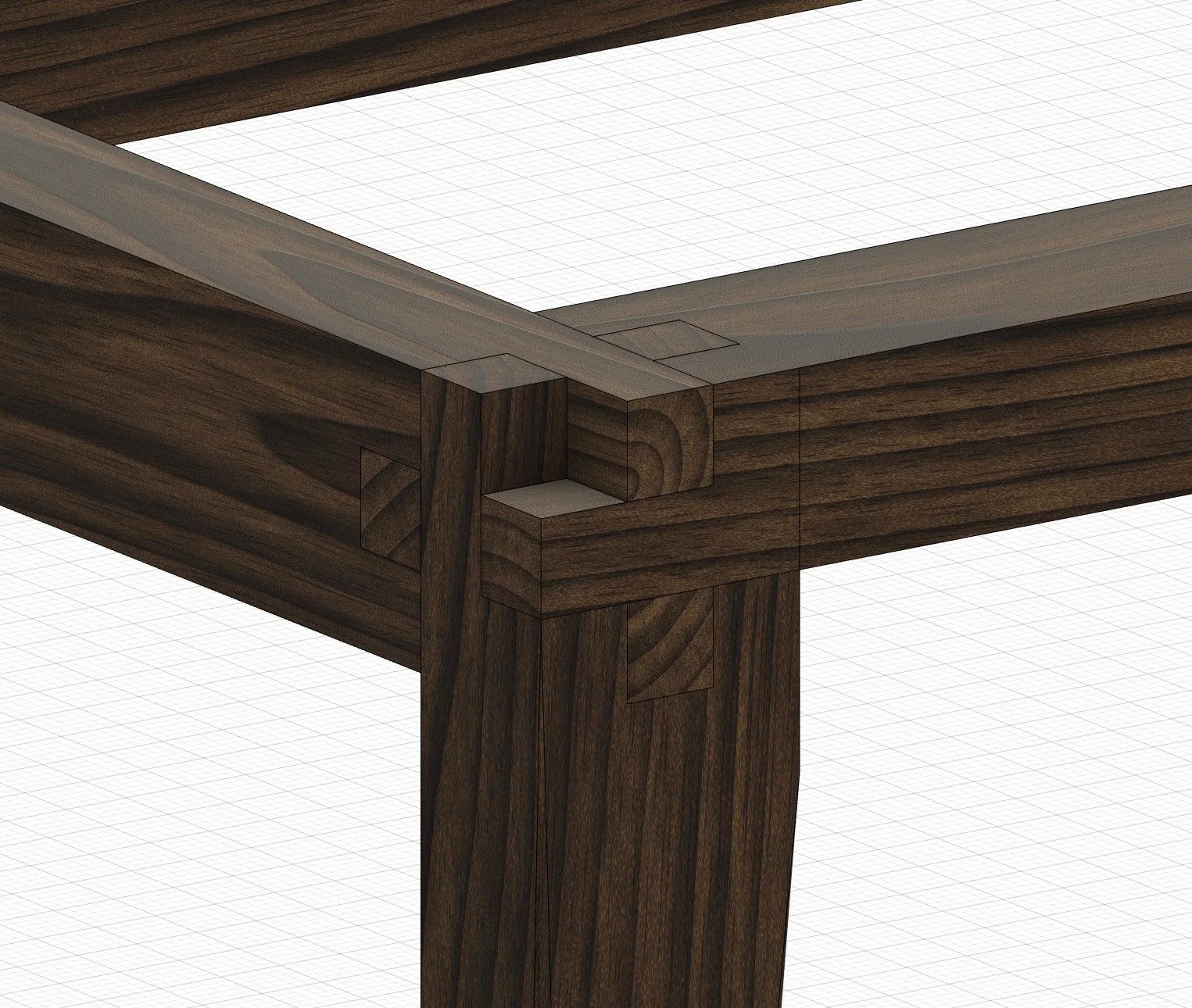 Close-up of a wooden table corner with visible woodworking joints, grain, and a glass top.