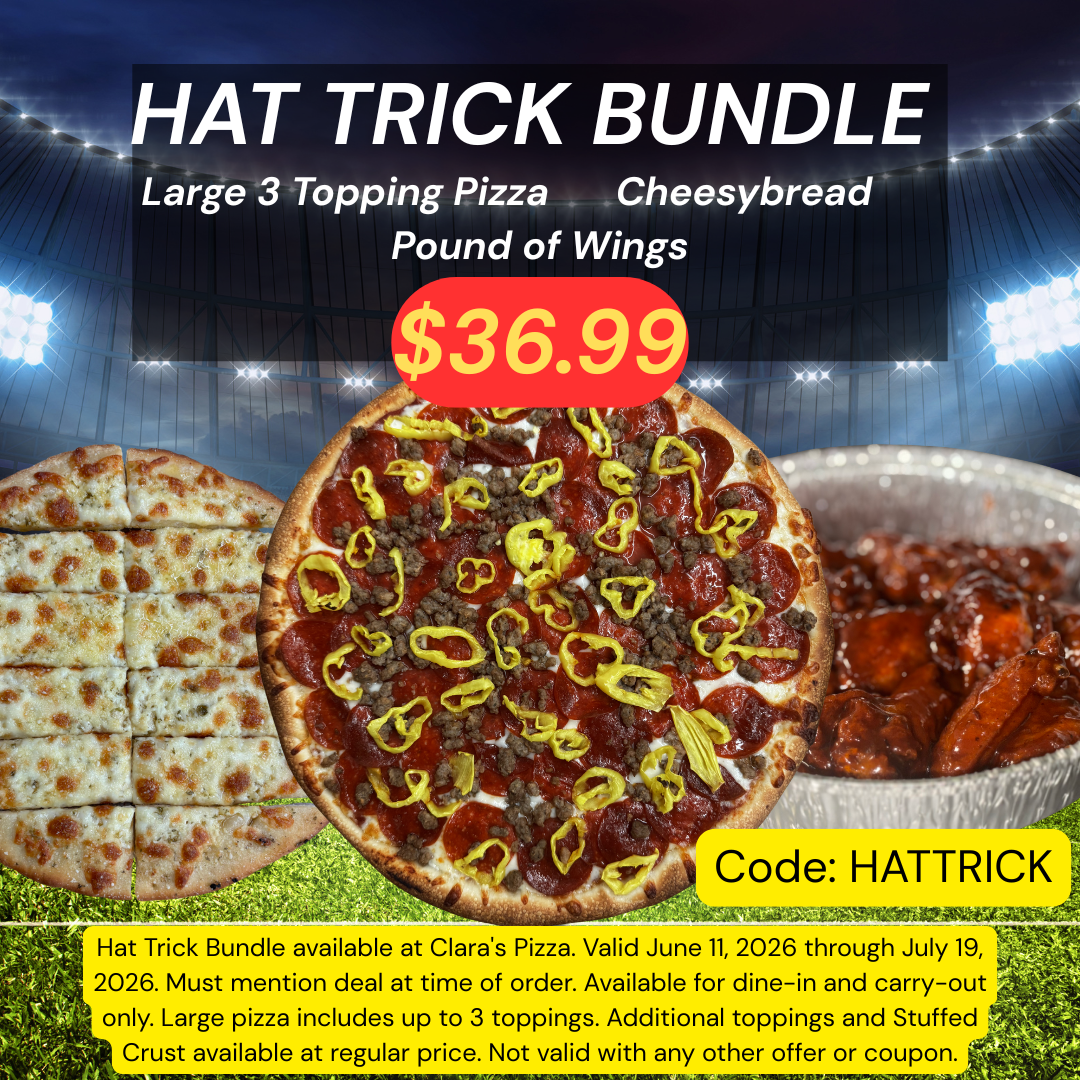 Advertisement for a Hat Trick Bundle including a large three-topping pizza, cheesebread, and a pound of wings, priced at $36.99, with a discount code HATTRICK. The background shows a stadium with bright lights.