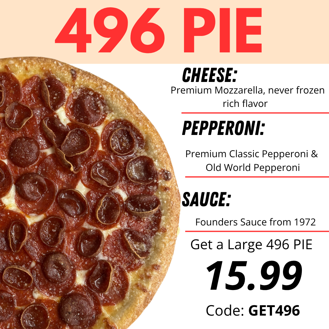 Promotional flyer for a large pepperoni pizza, priced at $15.99 with a code GET496, featuring details about the cheese, pepperoni, and sauce ingredients.