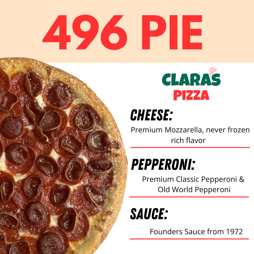 Close-up of a pepperoni pizza with a golden crust, melted cheese, and pepperoni slices. The pizza is partially visible on the left side of the image, while the right side contains text about the pizza options from Claras Pizza, including cheese, pepp