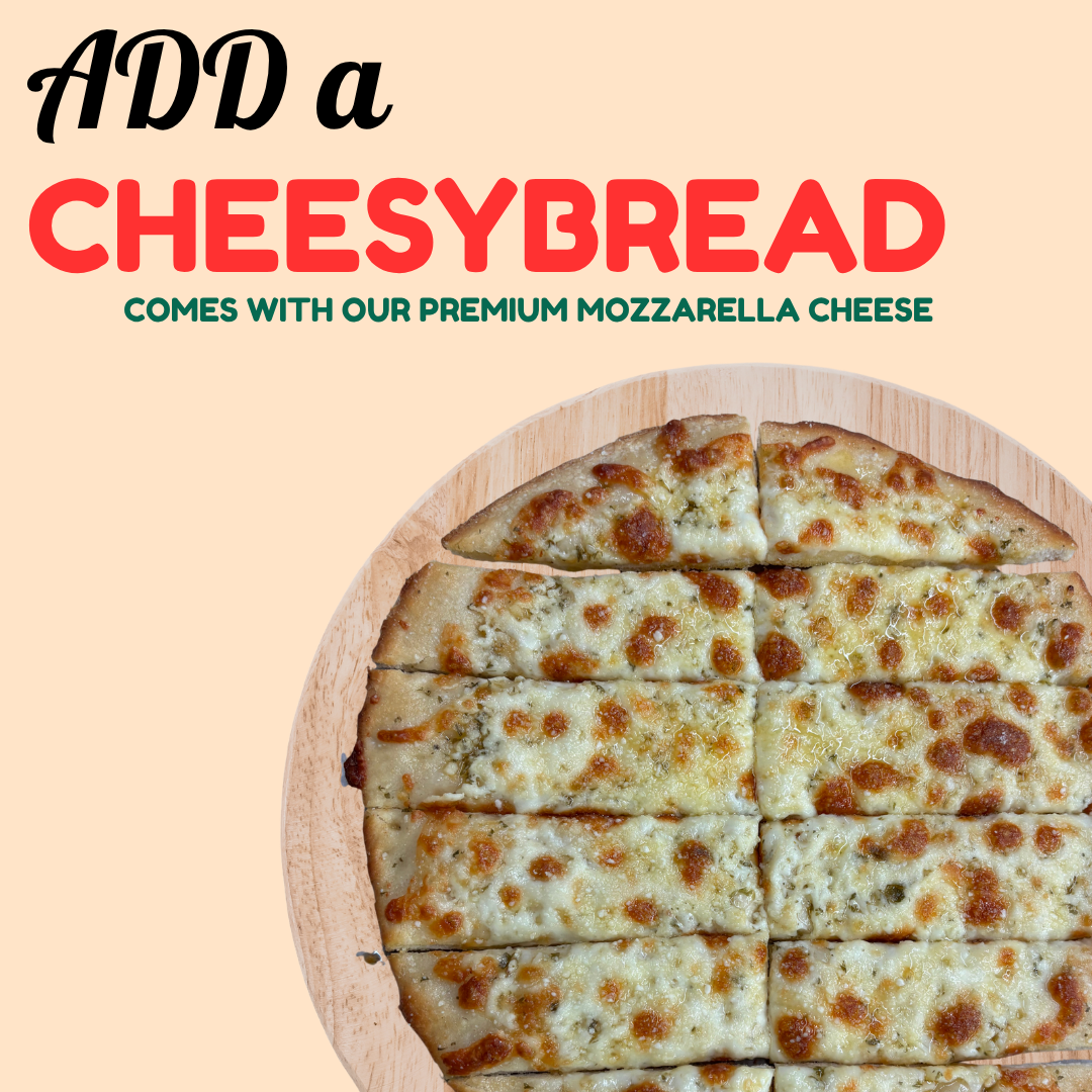 A cheese pizza sliced into squares, topped with melted mozzarella cheese, on a round wooden tray. The background is light peach with text promoting adding cheese to bread with premium mozzarella cheese.