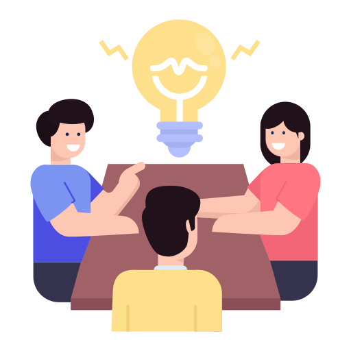 Deux personnes discutent autour d'une table avec un homme vu de dos, dans un environnement lumineux avec des livres et une étude d'ampoule