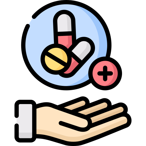 Illustration d'une main tendue sous un cercle contenant des médicaments et un symbole de plus, représentant la santé ou la pharmacie.