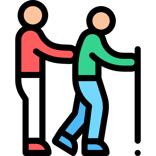 Deux personnes âgées utilisant une canne pour marcher, une aidant l'autre, illustration simple et colorée.