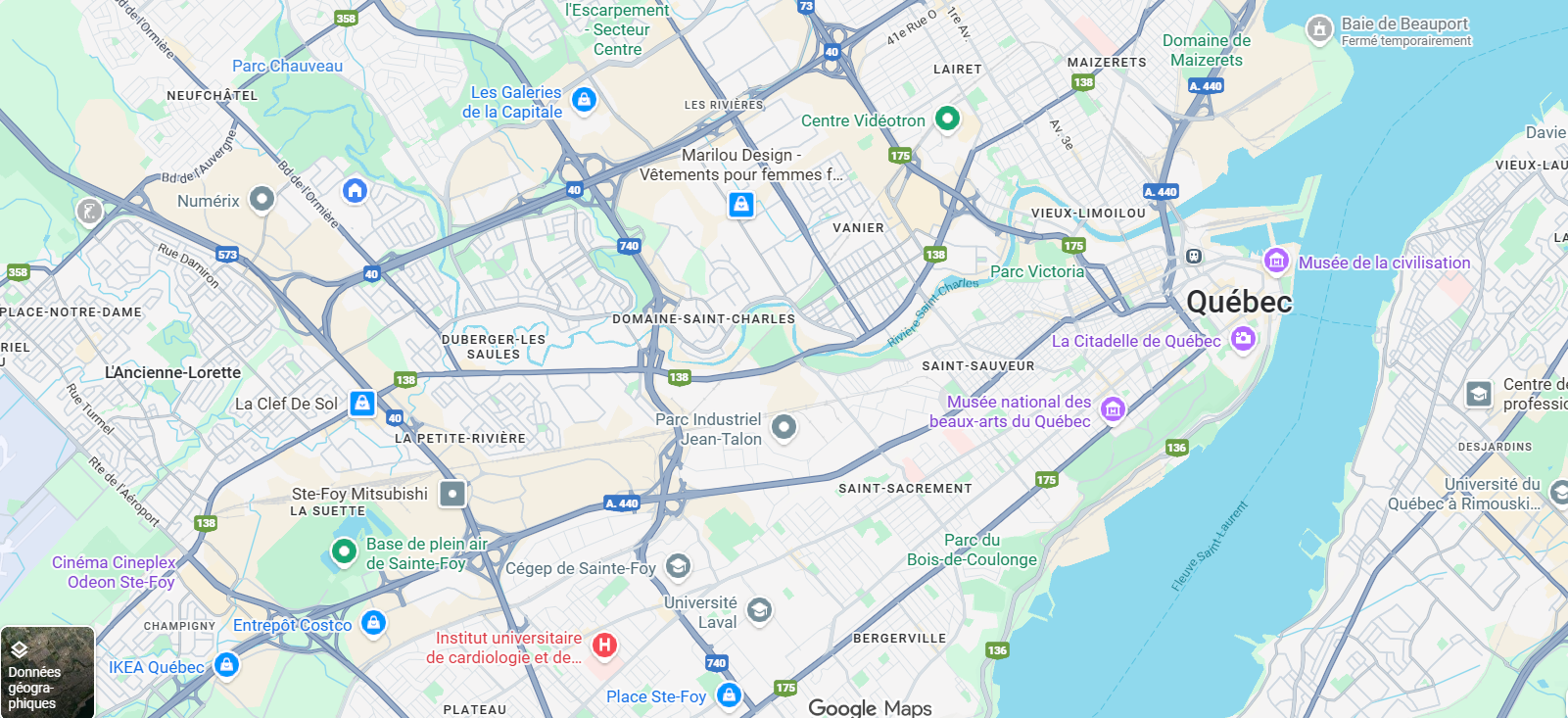 Carte de la ville de Québec, montrant les quartiers, les parcs, et les principales routes