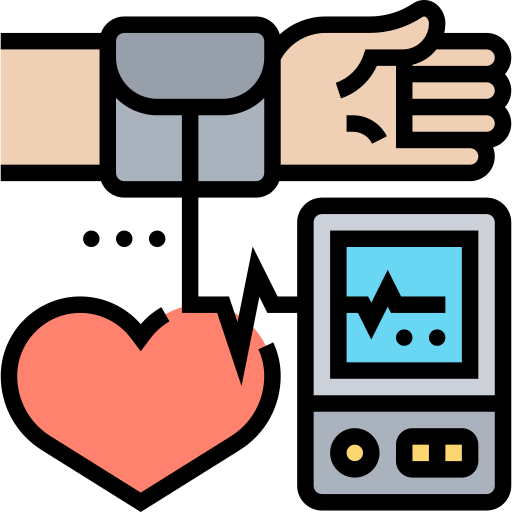 Illustration de dispositifs médicaux, comprenant un stéthoscope, une seringue, une main, un moniteur cardiaque et un cœur.