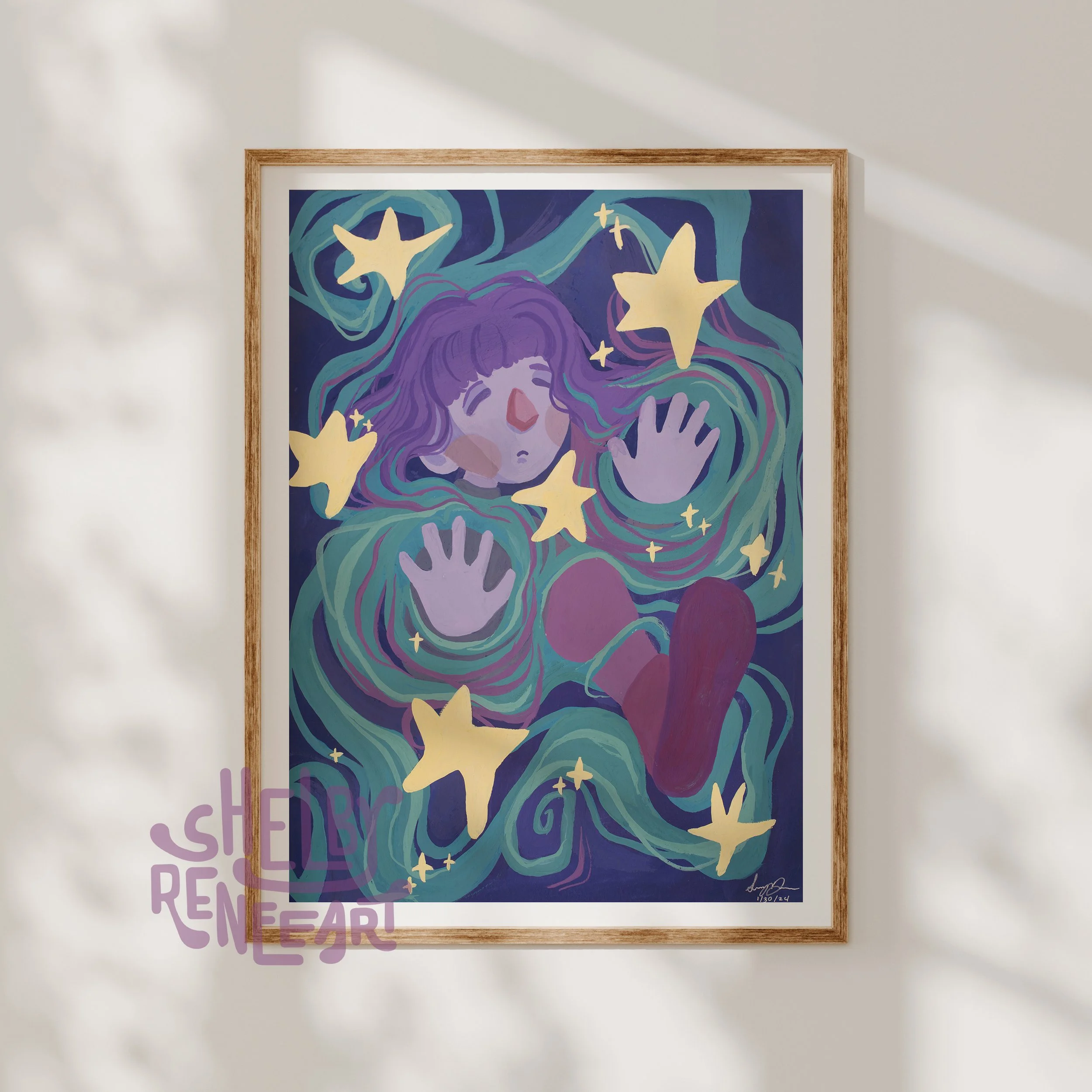 A colorful illustrated painting of a girl with purple hair, closed eyes, hands raised, floating among yellow stars and swirling green and purple lines, with a white background and a wooden frame.