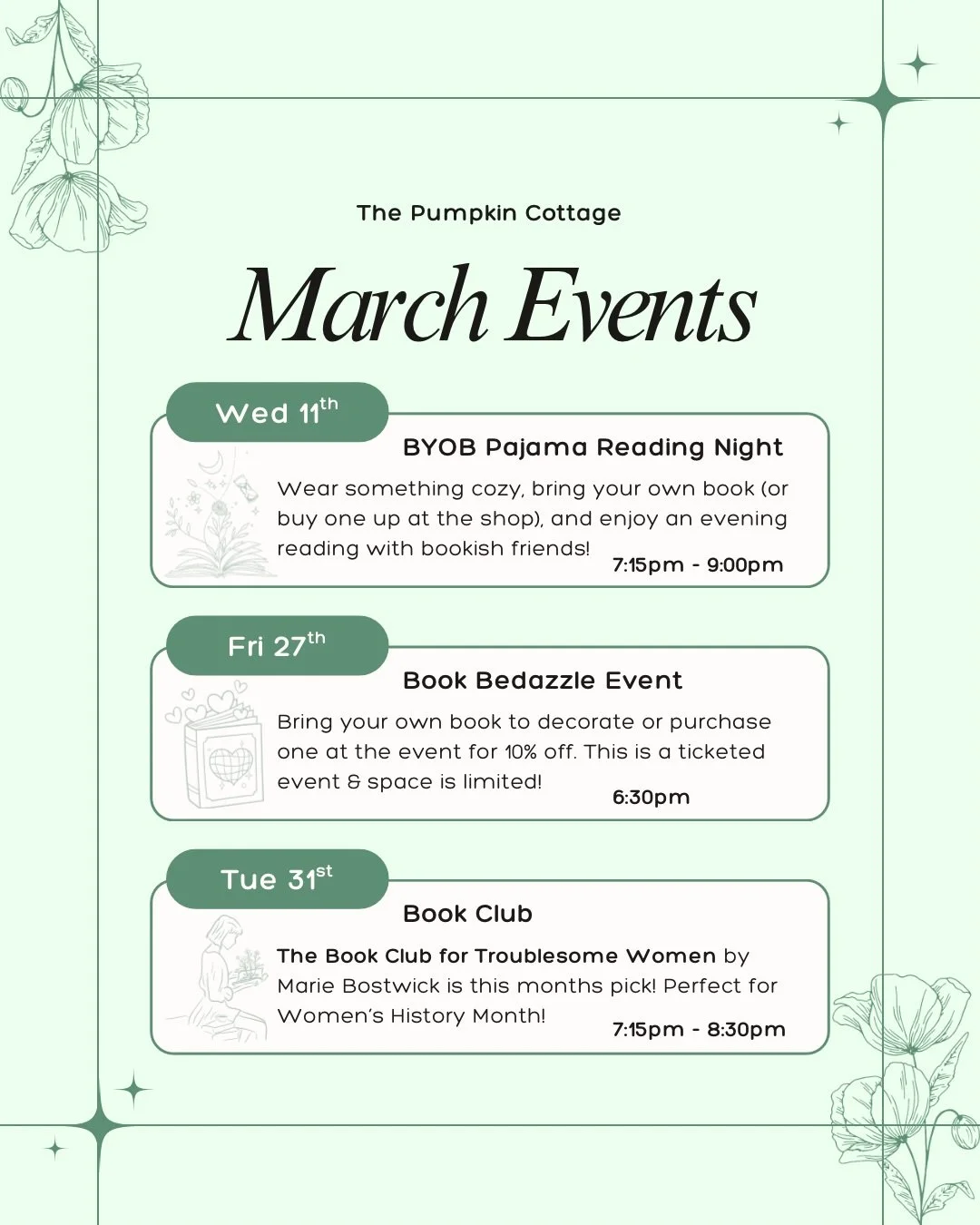 🍀March at The Pumpkin Cottage = cozy nights + creative fun 💖

✨ March 11 (Wed): BYOB PJ Night
Wear something comfy, bring a book, and let&rsquo;s read together 7:15-9pm

💎 March 27 (Fri): Book Bedazzle Night
Ticketed event | $25 | Limited spots
Br
