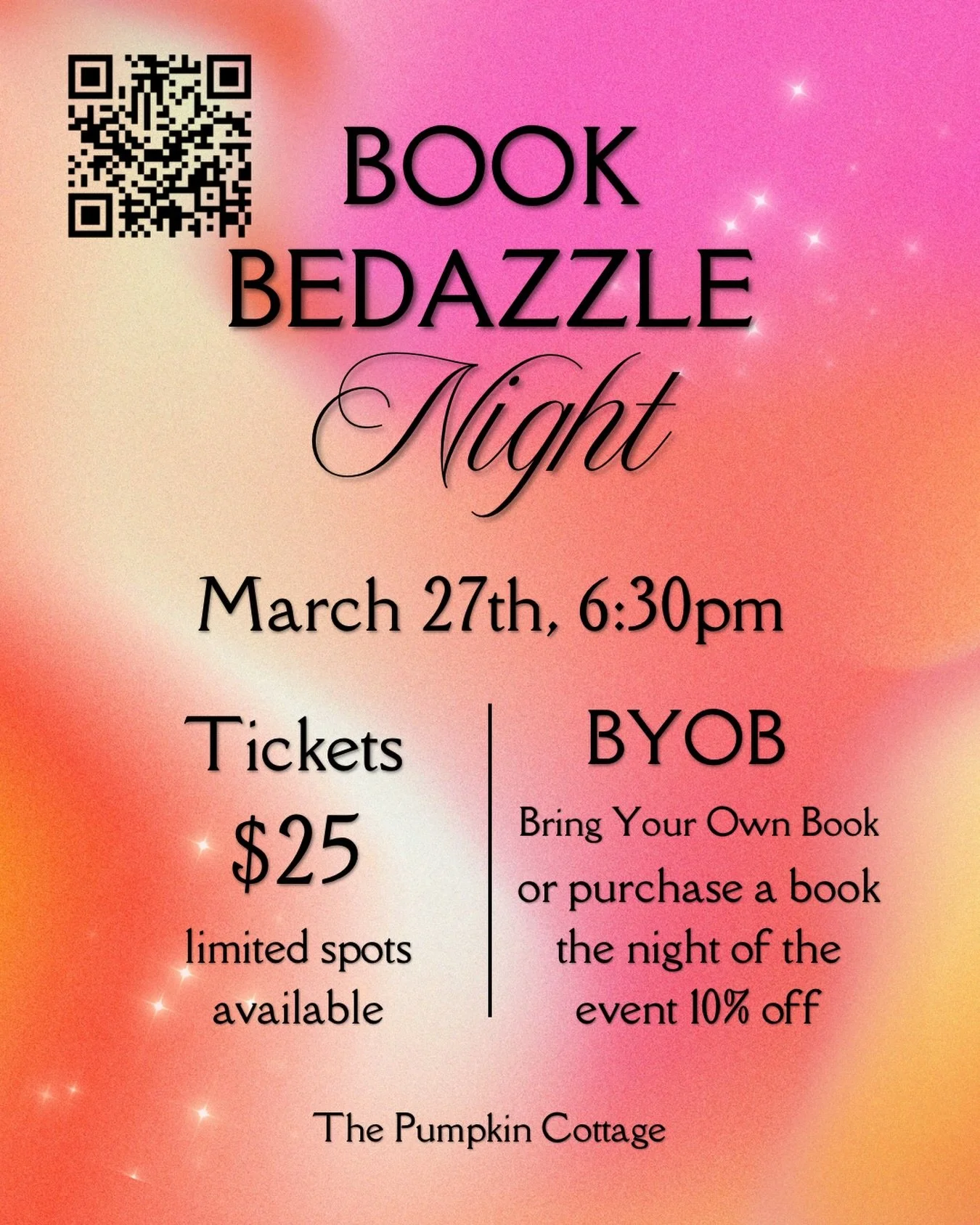 Calling all crafty book lovers!✨📚

We&rsquo;re hosting our very first Book Bedazzle Night on Friday, March 27th at 6:30pm! Come hang out, get creative, and give a book cover the sparkle it deserves.

Bring a book from home or pick one up from the sh