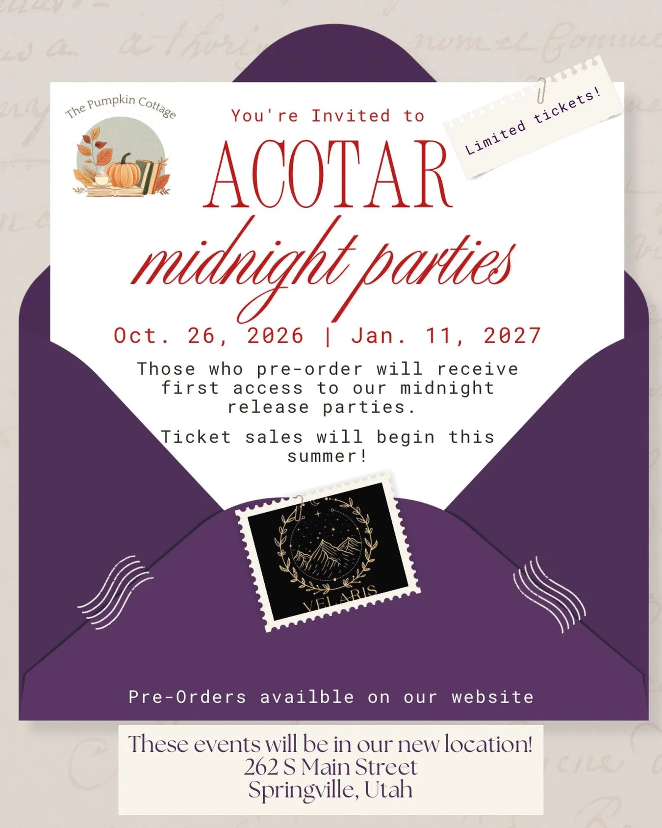 ACOTAR fans&hellip; this one&rsquo;s for you. 🌌✨

We&rsquo;re thrilled to announce that we will be hosting Midnight Release Parties for the next ACOTAR books!

📖October 26, 2026 &ndash; Book 6 📖January 11, 2027 &ndash; Book 7

Readers who pre-orde